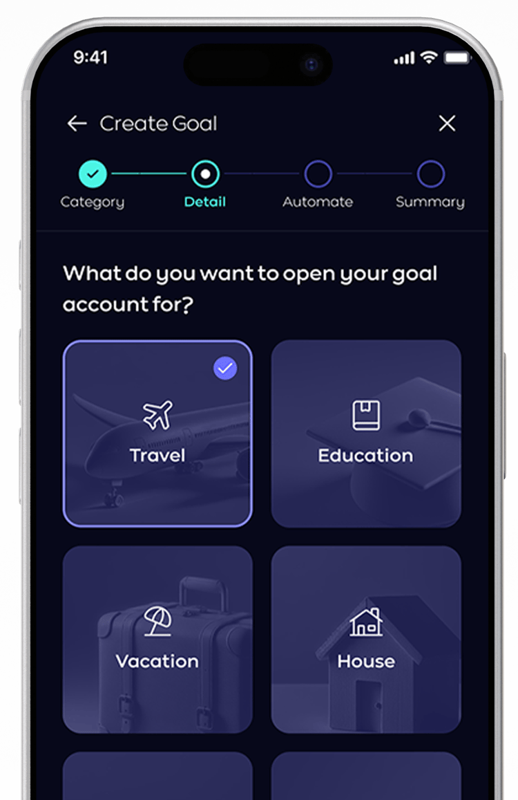 Goal savings app interface showing Create Goal screen