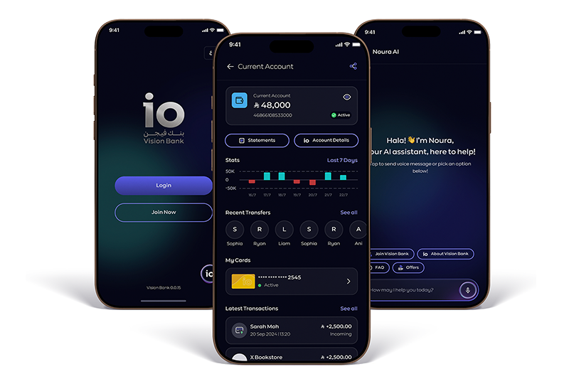 Multiple phones showing Vision Bank current account features
