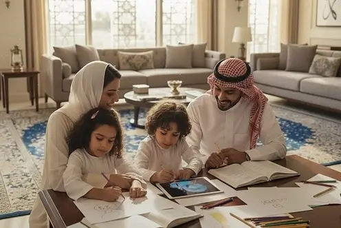 Three friends chatting over coffee